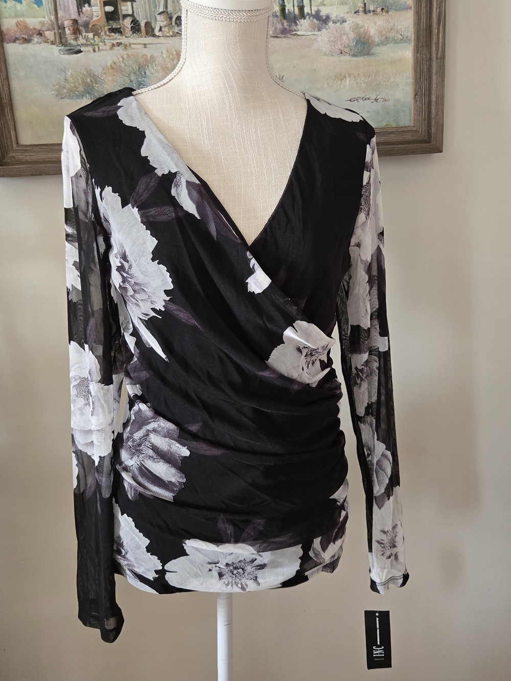 INC International Concepts Black and White Floral Wrap-Style Blouse